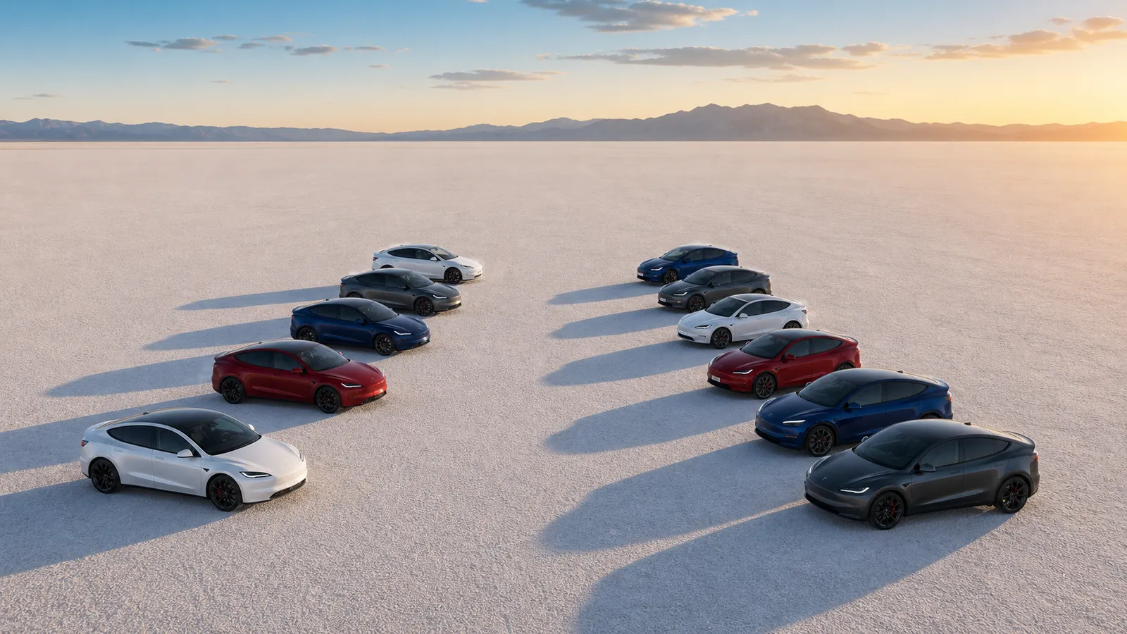 Atrium's Tesla fleet from above on the Bonneville Salt Flats
