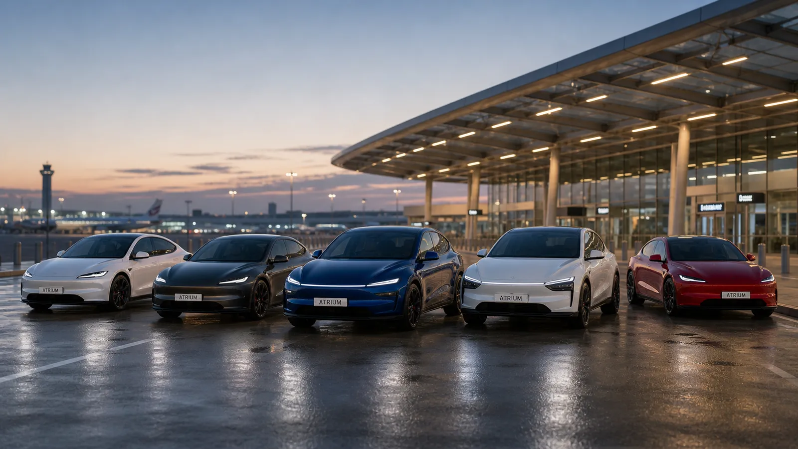 Atrium's Tesla fleet lined up outside Salt Lake City International at dusk