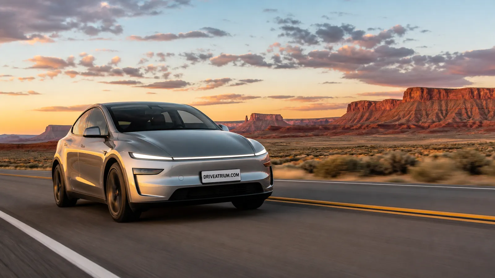 Silver Tesla Model Y on a desert highway near Moab at sunset