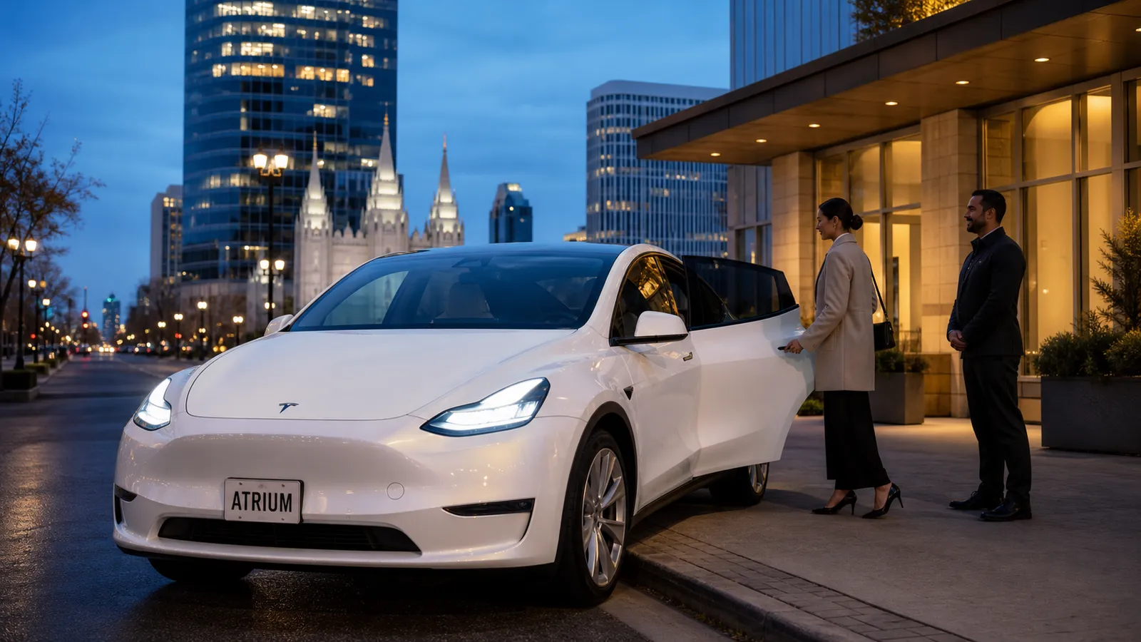White Tesla Model Y at a downtown Salt Lake City pickup at dusk