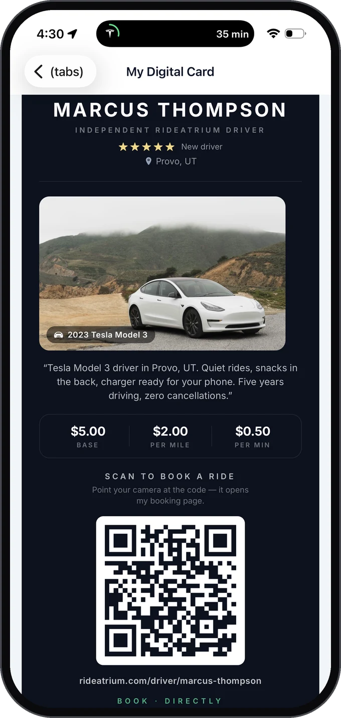 RideAtrium digital driver card with QR code riders scan to book directly
