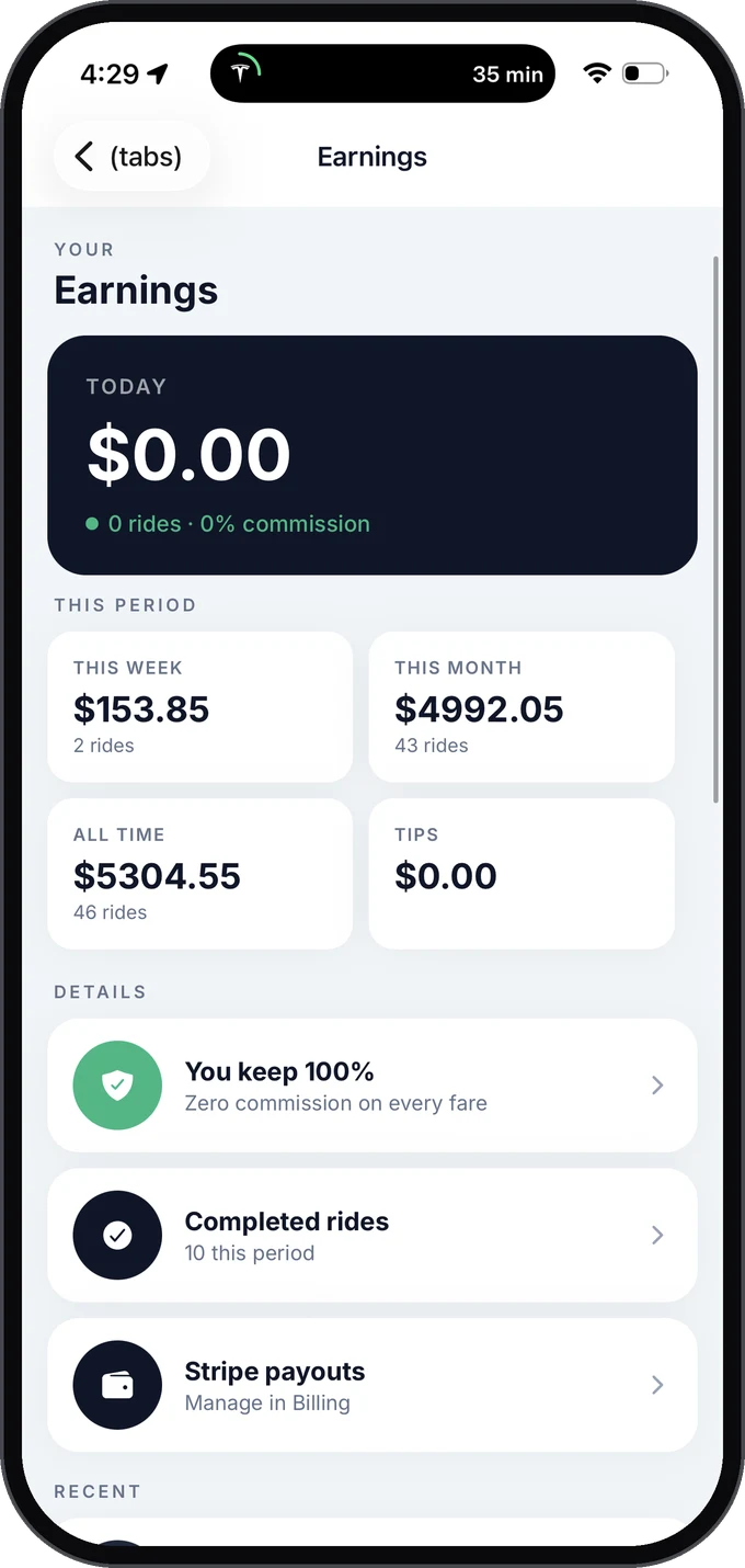 RideAtrium earnings dashboard showing 0% commission and weekly fares