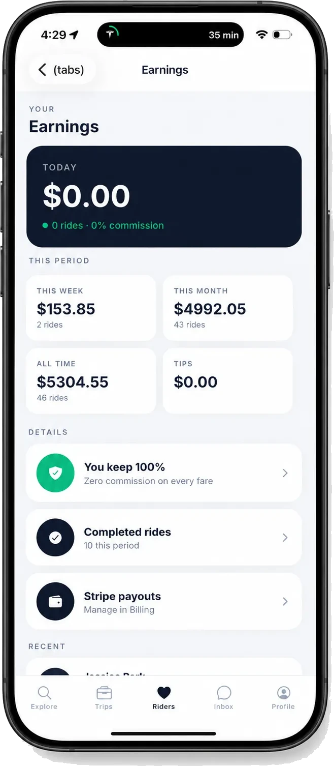 RideAtrium earnings dashboard showing 0% commission and weekly fares