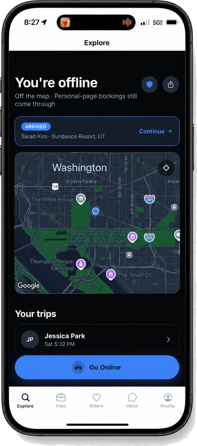 RideAtrium explore screen showing the driver offline while personal bookings still come through